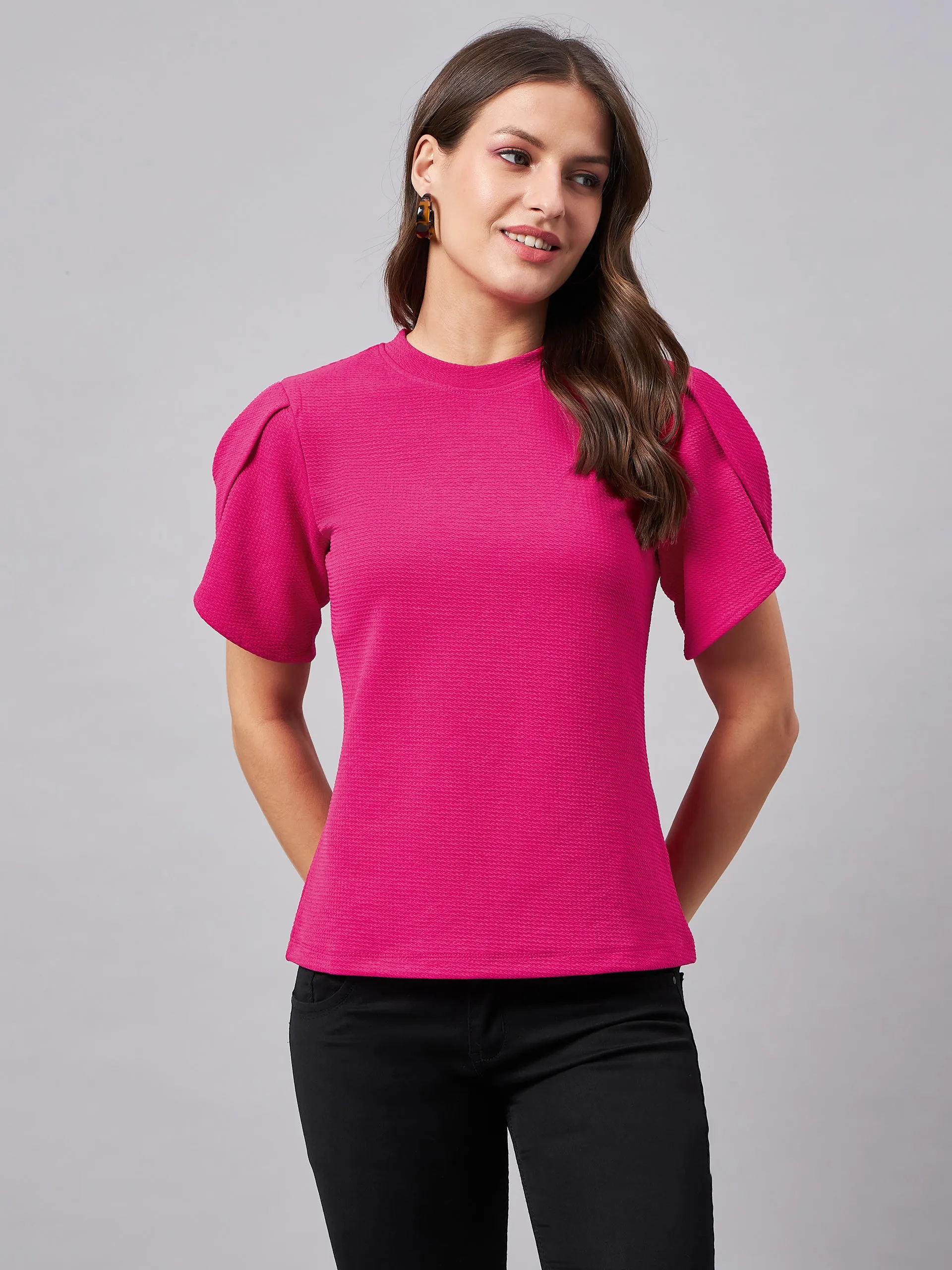 Style Quotient Women Solid Fuchsia Pink Poly Knit Smart Casual Regular Top
