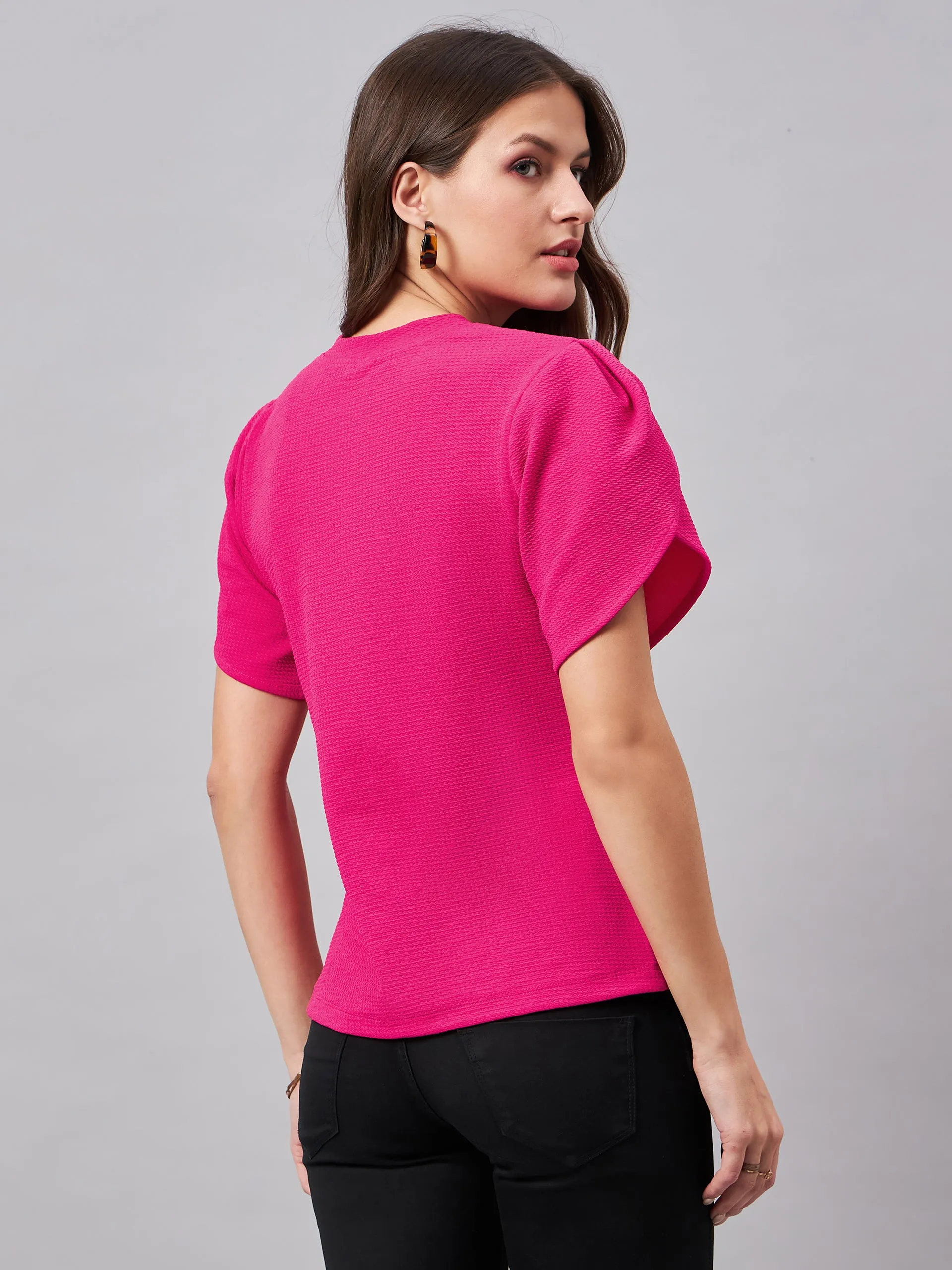 Style Quotient Women Solid Fuchsia Pink Poly Knit Smart Casual Regular Top