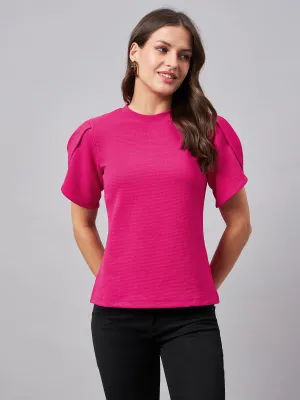 Style Quotient Women Solid Fuchsia Pink Poly Knit Smart Casual Regular Top