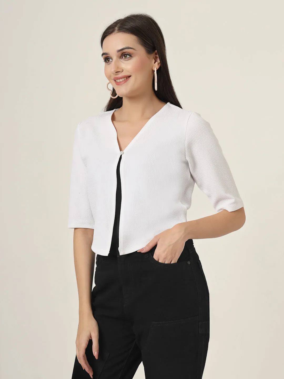Style Quotient Women White Solid Knit Shrug