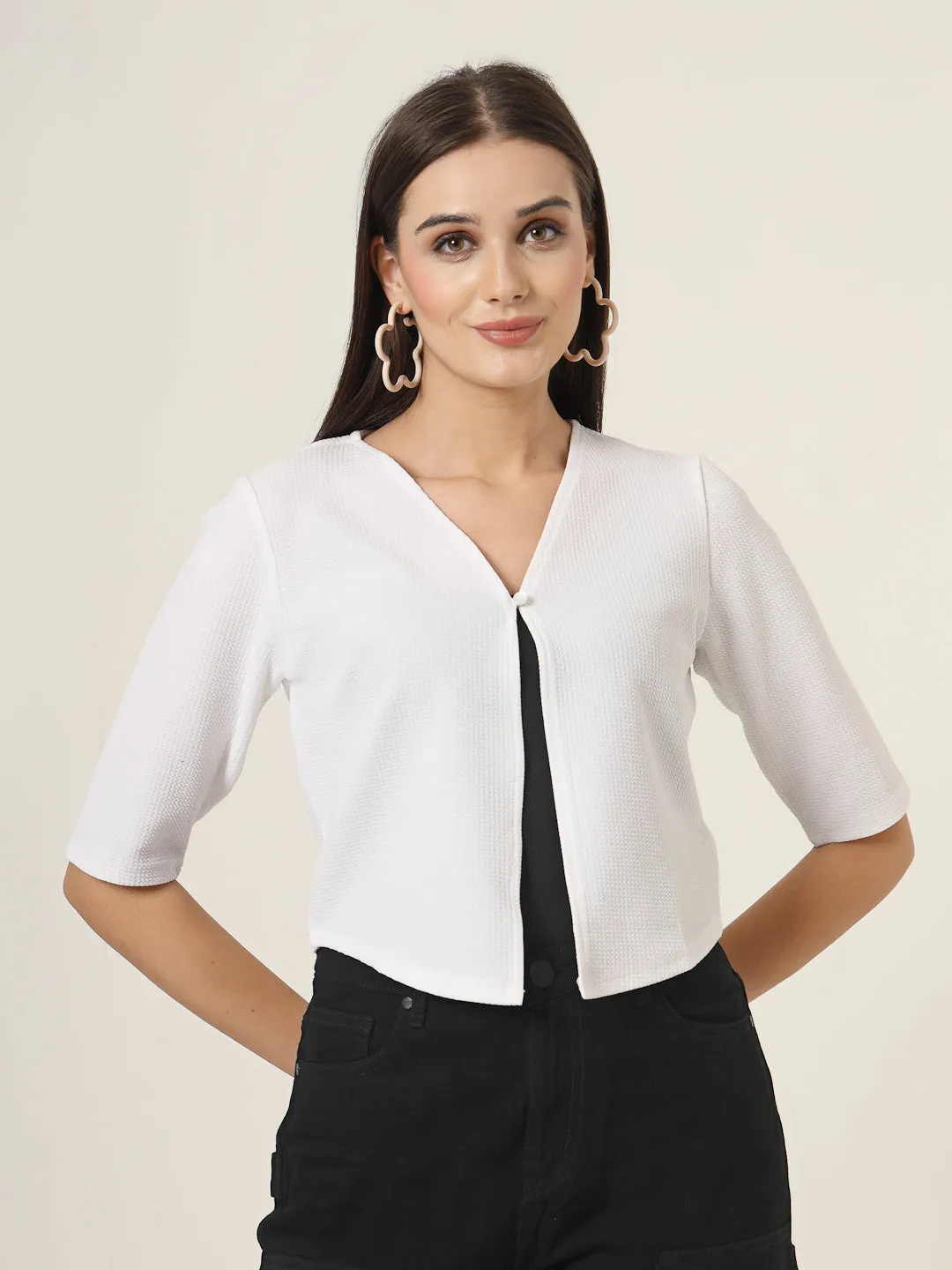 Style Quotient Women White Solid Knit Shrug