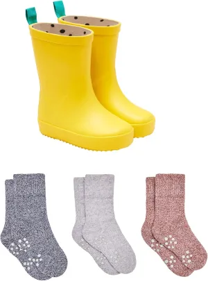 Ten Little Toddler Rain Boots & Cozy Socks Bundle for Boys & Girls, Waterproof, Lightweight, Rubber Wellies with Traction for Kids, Yellow Size 12